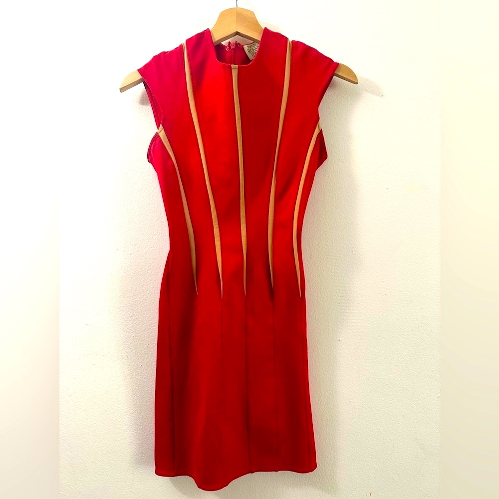TORN BY ROBBY KOBO Vintage Red Gold/Tan Mini Bandage Dress SIZE XS 2 00s Club - Picture 2 of 8